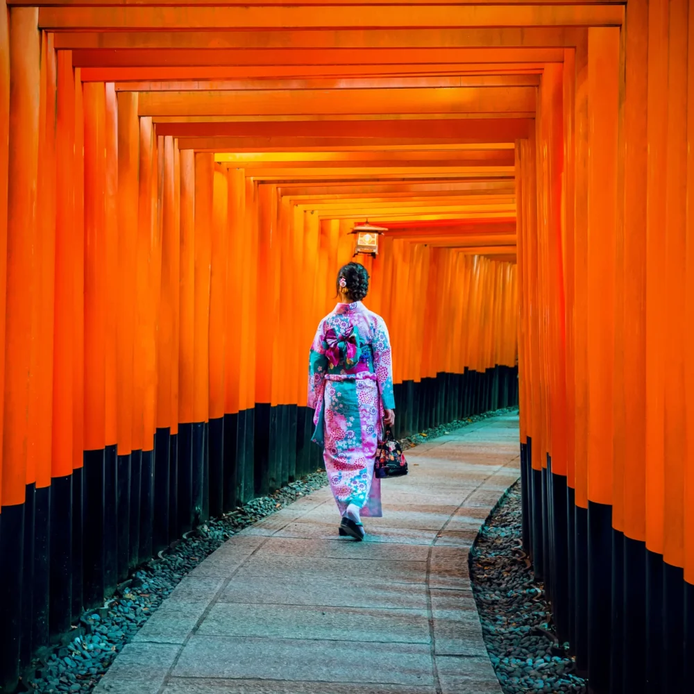 Kjóto kimono Japonsko fushimi inari torii brány
